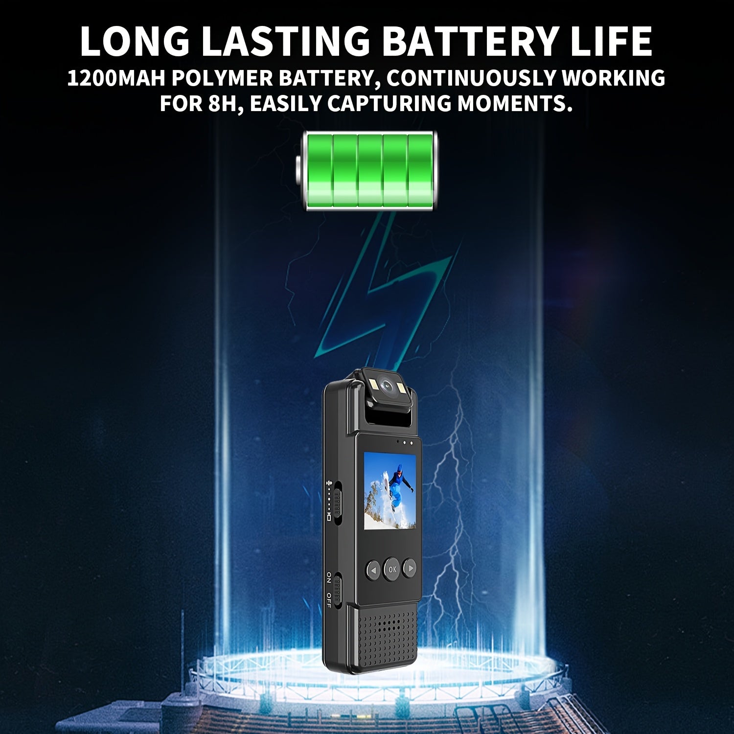 1080p kiyiladigan harakat kamerasi, 180° buriladigan linza bilan, kechqurun ko‘rish, USB bilan quvvatlanadigan, portativ, sport va ochiq havoda faoliyatlar uchun