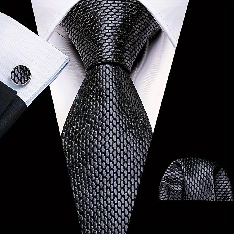 Men's Striped Necktie Set with Cufflinks and Pocket Square for Business and Parties