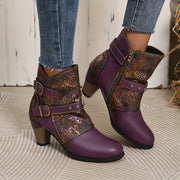 Women's Ankle Boots Leather Western Style Pointed Toe Block Heel All-Season Purple
