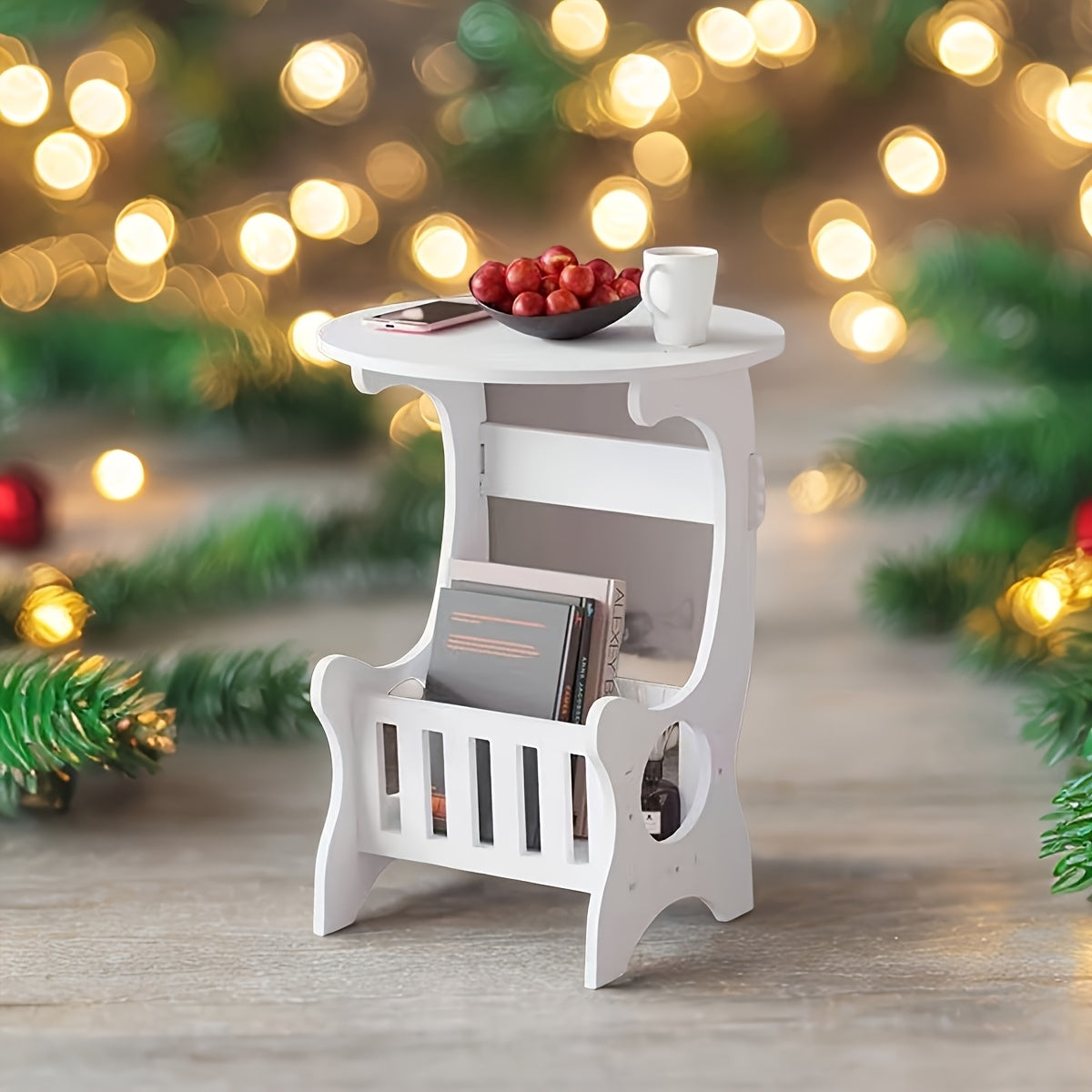 White Wooden Round Table Mini Nightstand with Open Storage for RVs and Home