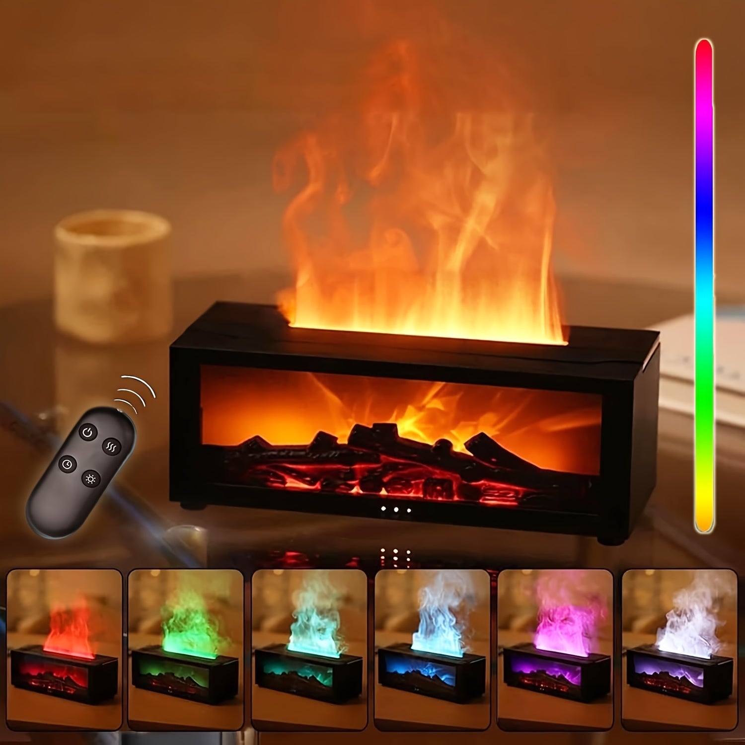 USB Flame Aromatherapy Humidifier with 7 Color LEDs, Remote, Timer, 150ml