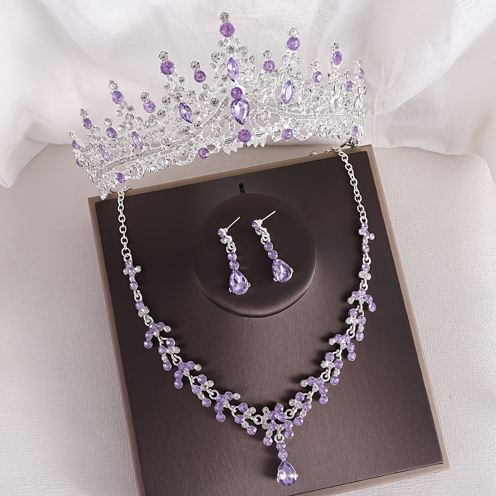 Vintage Baroque Rhinestone Crown Necklace and Earrings Set for Bridal and Wedding