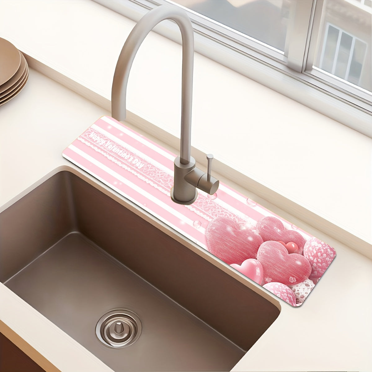 Pink Striped Love Faucet Mat Moisture-Proof Absorbent Kitchen Bathroom Drain Pad