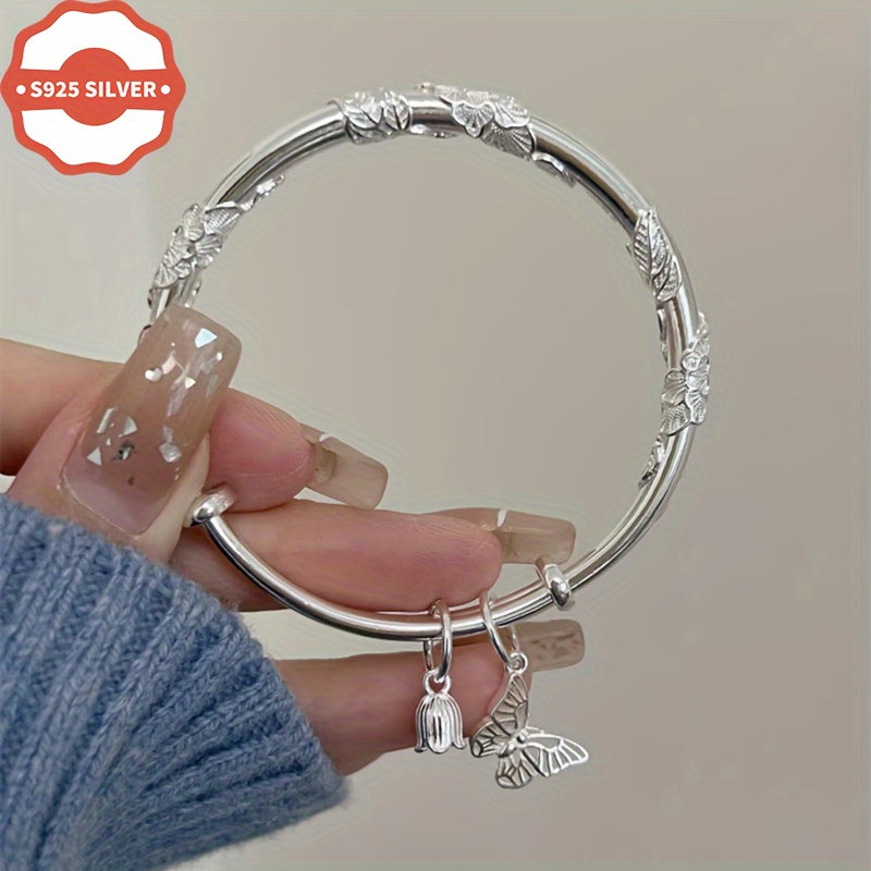 Pulsera de pulsera de plata con dijes de oro de 18 quilates, flores, mariposas y campanas para mujeres