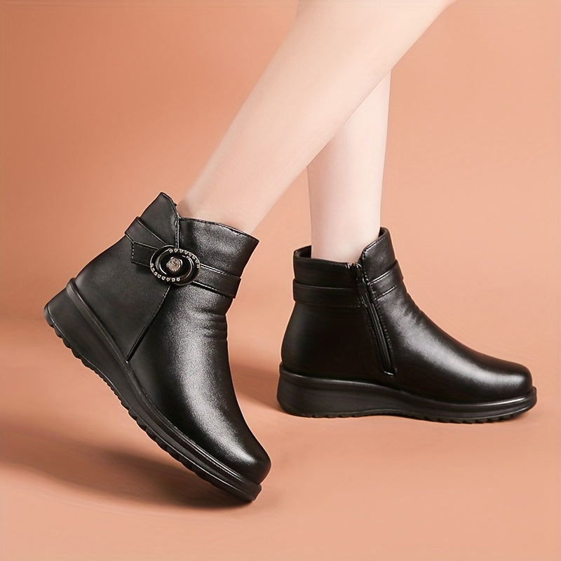 Mid-Aged Women's Fleece-Lined Short Ankle Boots Winter Warmth