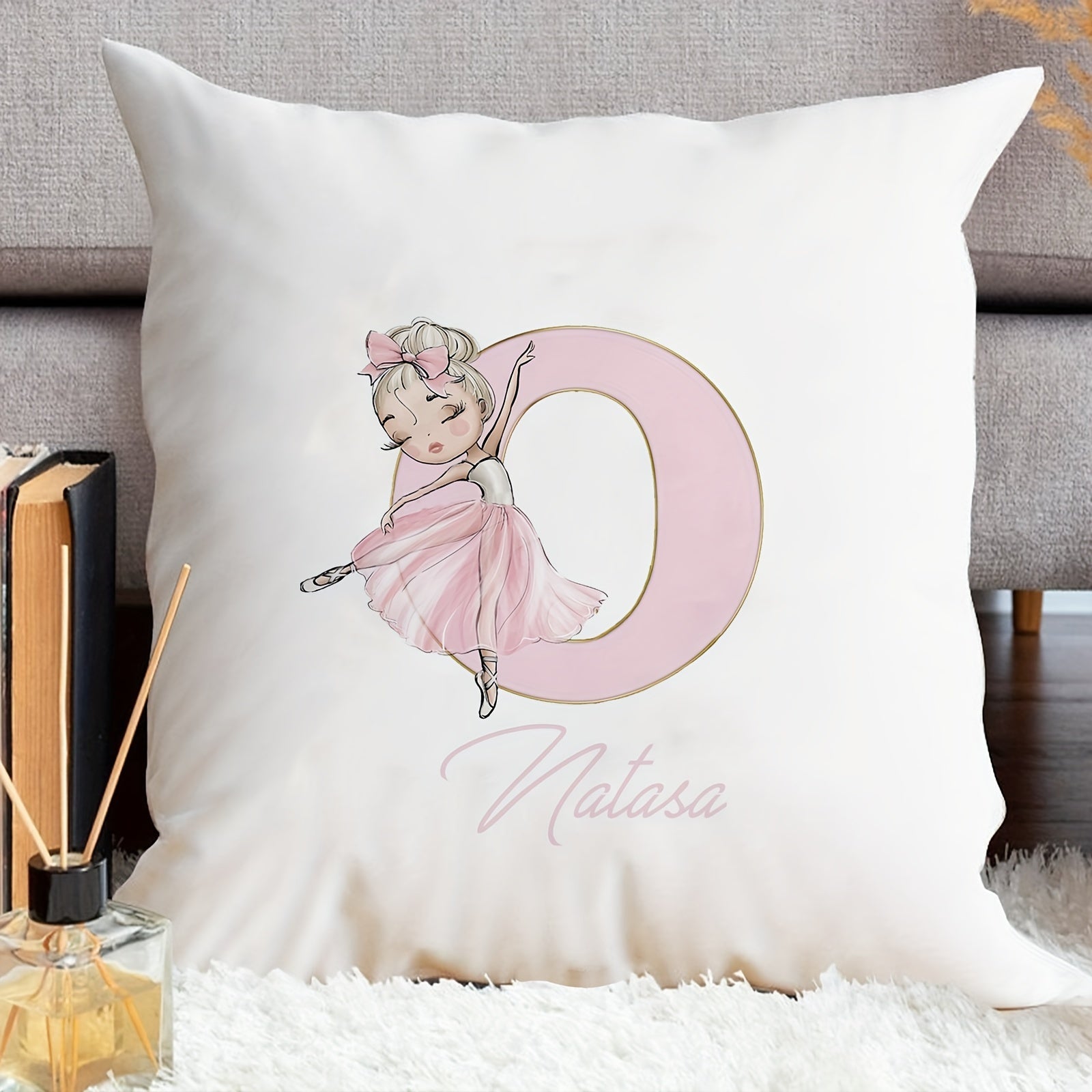 Shaxsiylashtirilgan samoviy yostiq qopqog'i, balet qiz dizayni bilan, pushti harflar, divan uchun dekor, bitta tomonli bosma