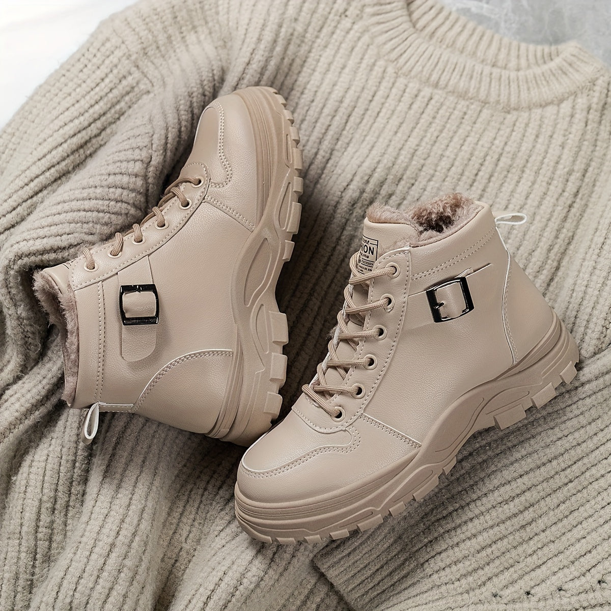 Women's Cozy Lined Ankle Boots Black Beige White High-Top Sneakers Rubber Soles