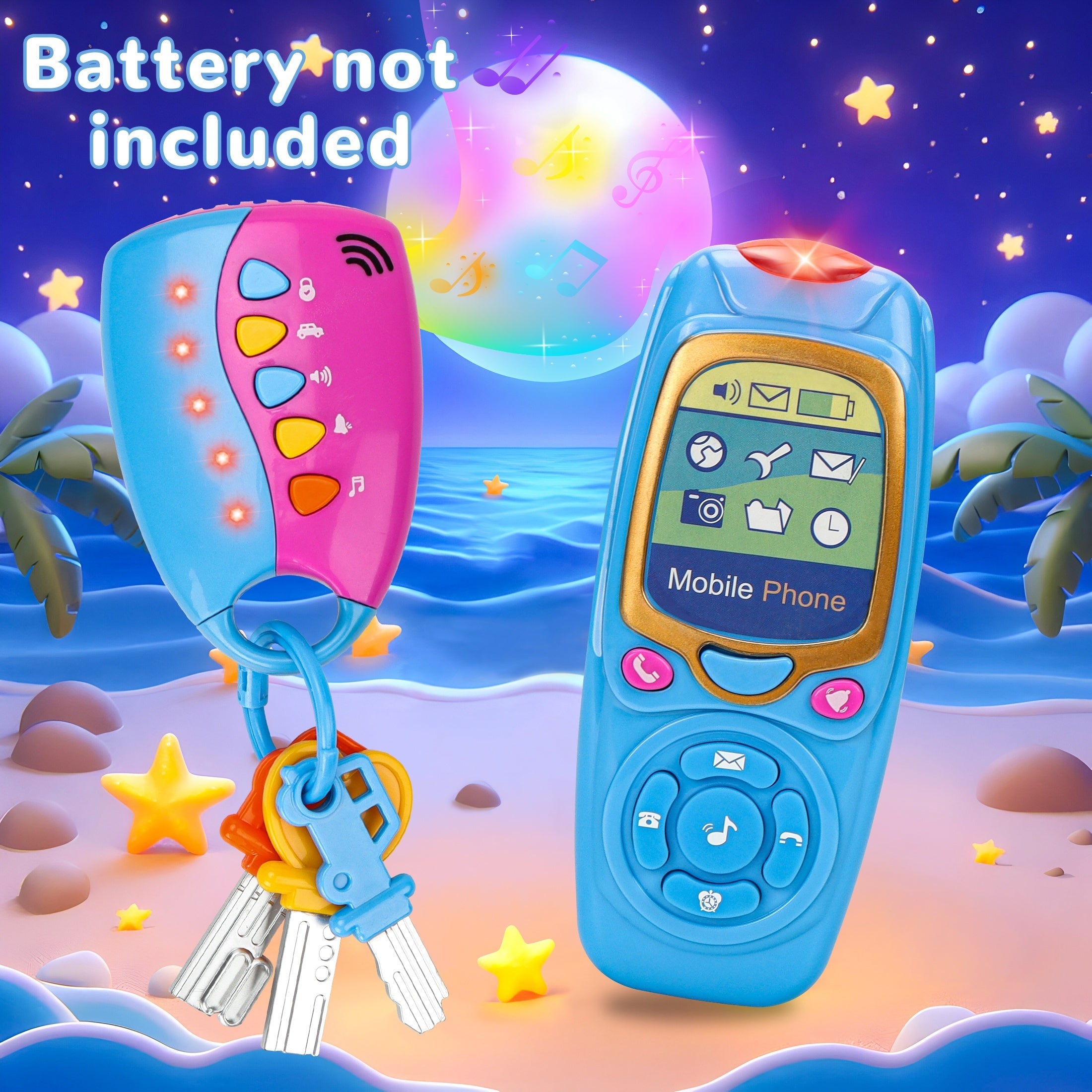 Rang-barang bolalar mo'jiza to'plami, musiqa, chiroqlar, telefon va mashina kalitlari bilan, 2+ yosh uchun