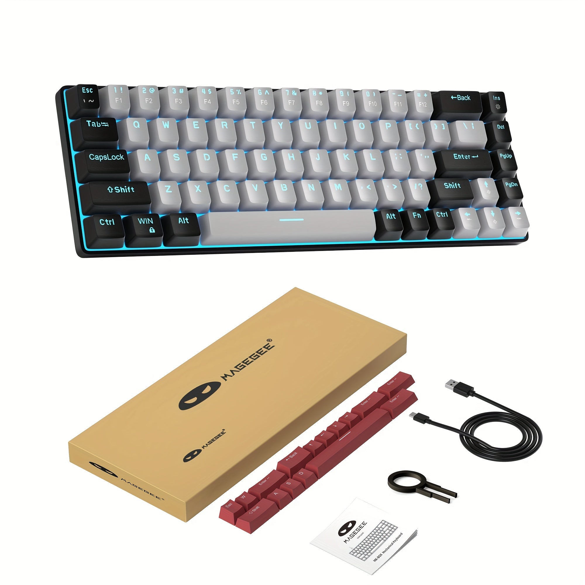 Teclado mecánico compacto para juegos del 60% con interruptores azules, retroiluminación LED, ergonómico para Windows, Mac, PC y portátil