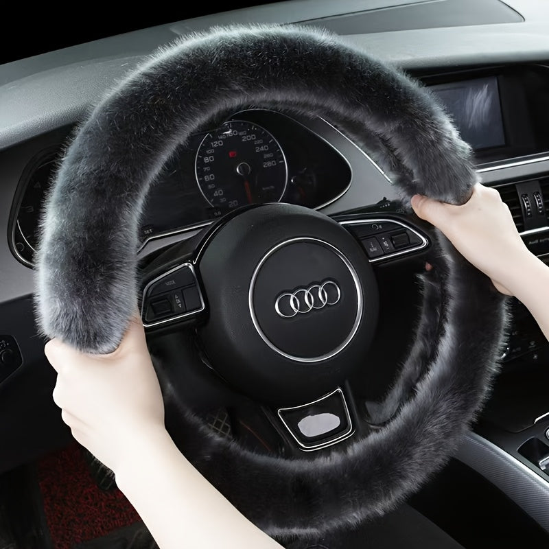 Universal Faux Fur Steering Wheel Cover Soft Plush Gray White Winter Warmth