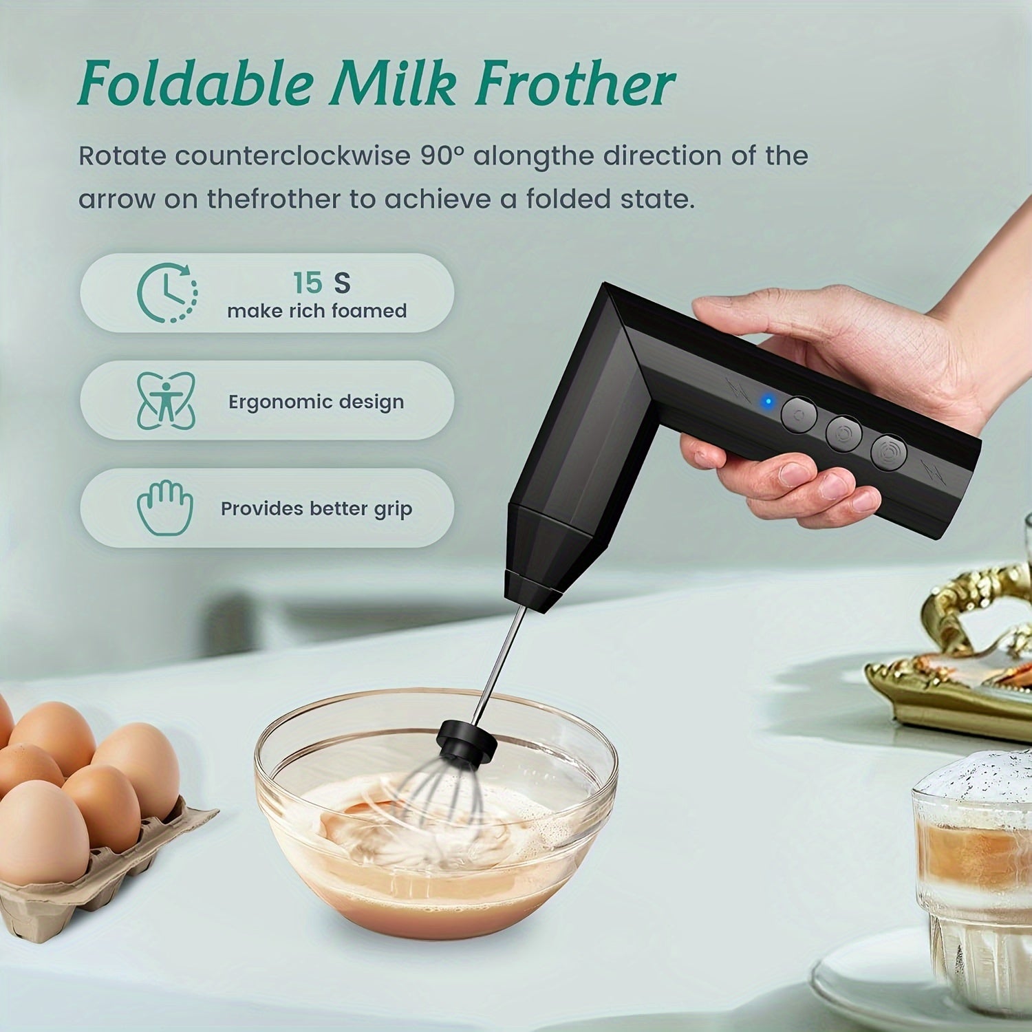 Rechargeable Handheld Milk Frother with Stand 3-Speed Electric Whisk and Stainless Steel Attachments