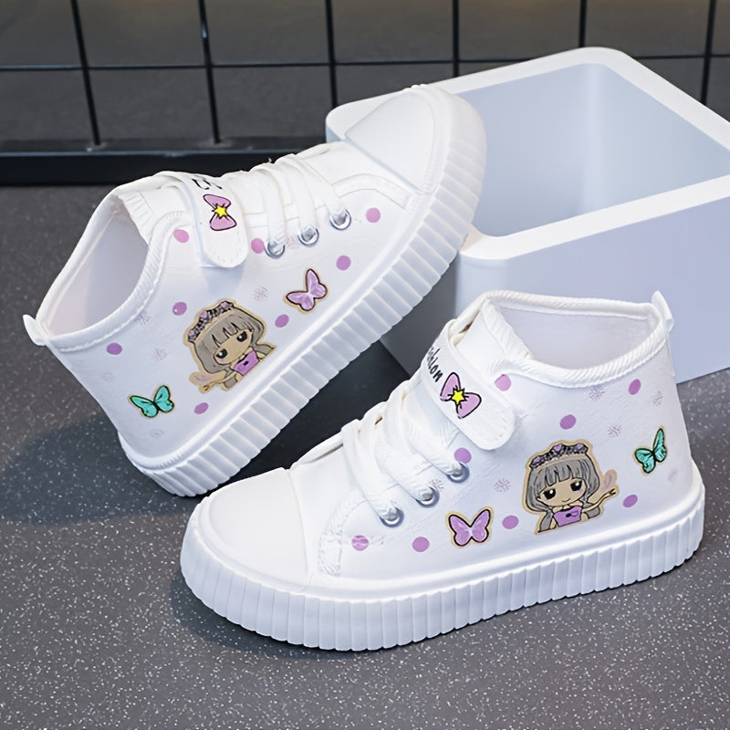 Girls' Canvas High-Top Sneakers with Cartoon Pattern, Breathable, Durable Sole