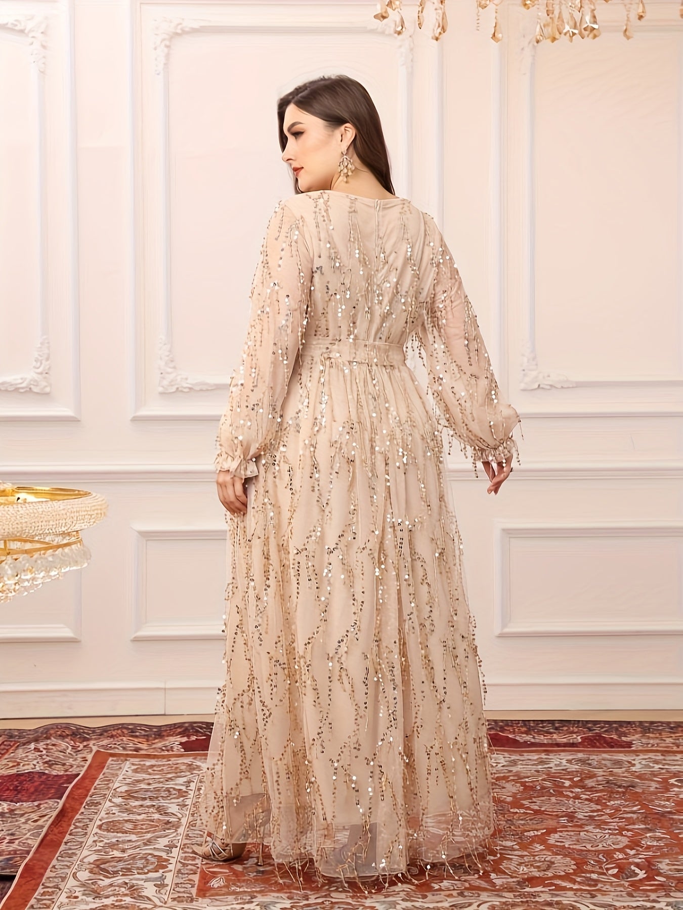 Plus Size Women's Black V-Neck Sequin Fringe Formal Gown for Prom Bridesmaids