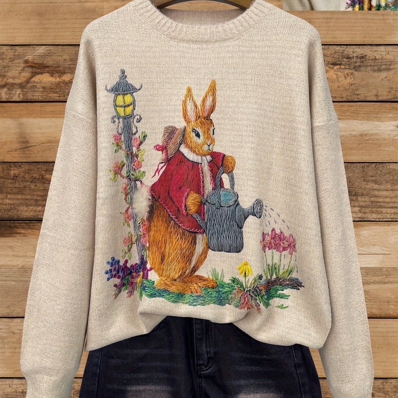 Suéter de invierno cálido para mujer talla plus con manga larga y estampado de conejito, jersey de punto