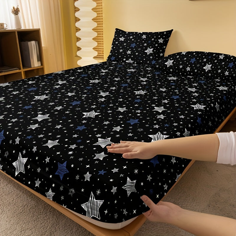 Star Print Fitted Sheet Deep Pocket Soft Bedding for Bedroom or Guest Room