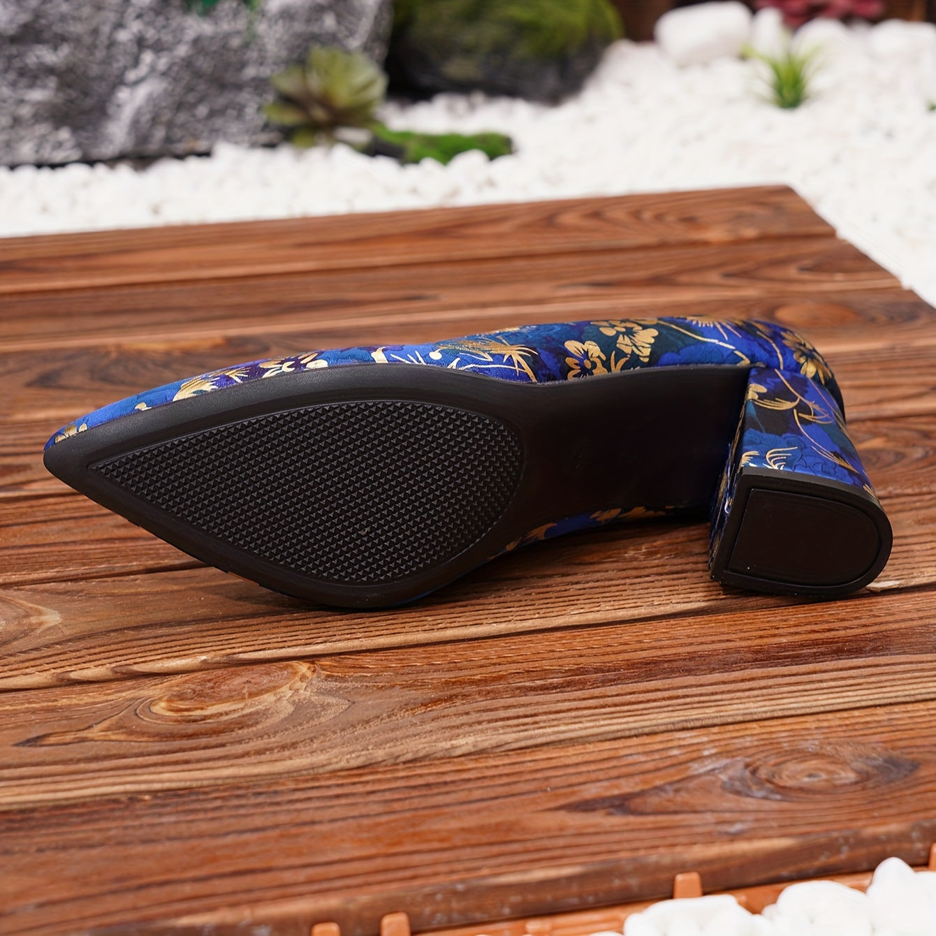 Women's Floral Mary-Jane Pumps with Pointed Toe Block Heel