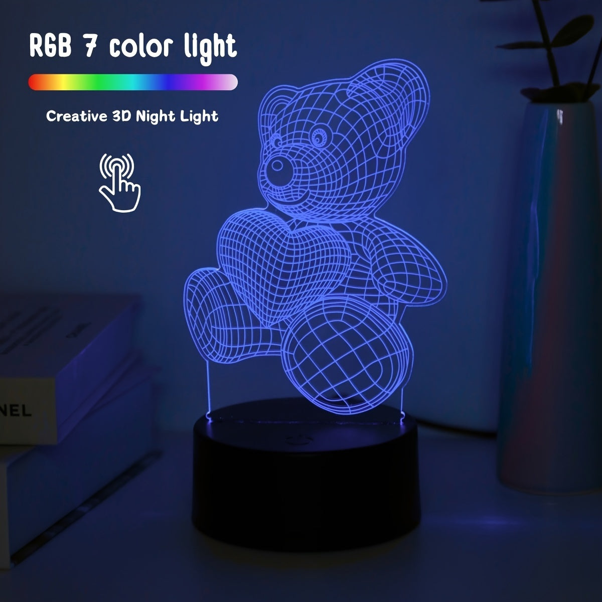 Lámpara de noche 3D con oso de peluche, USB, control táctil, LED de 7 colores para dormitorio, hogar y oficina