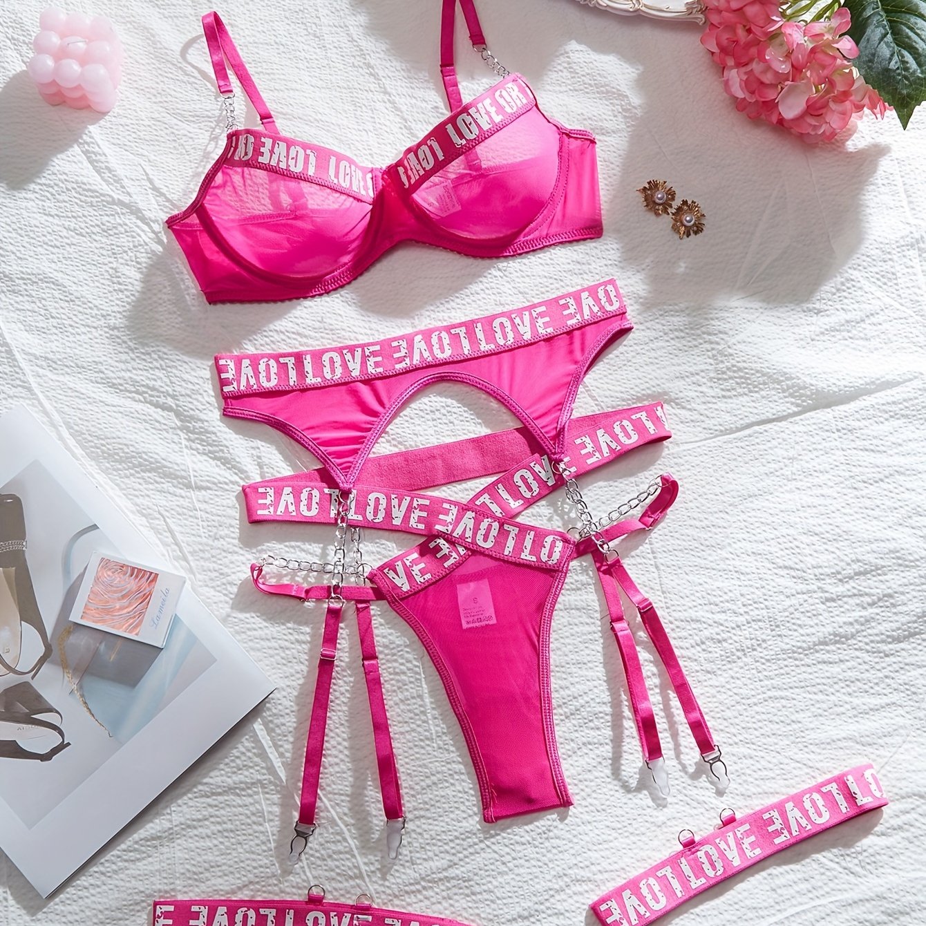 Lingerie Set with Lace Letter Print and Metal Chain for Women 2024