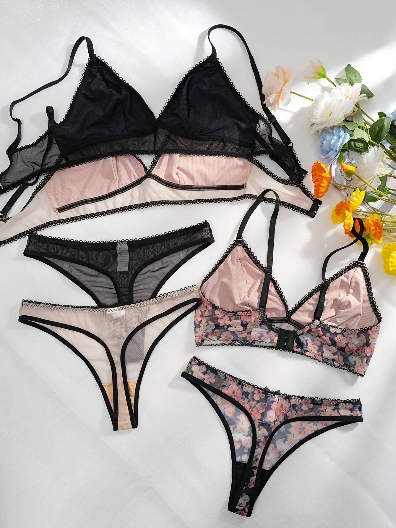 Semi Sheer Color Block Lingerie Set with Bra and Panties 3 Pieces