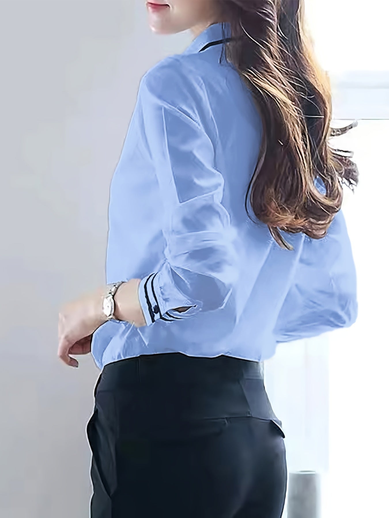 Women's Beige Polyester Dress Shirt Long Sleeve Button-Up Office Casual Spring Summer