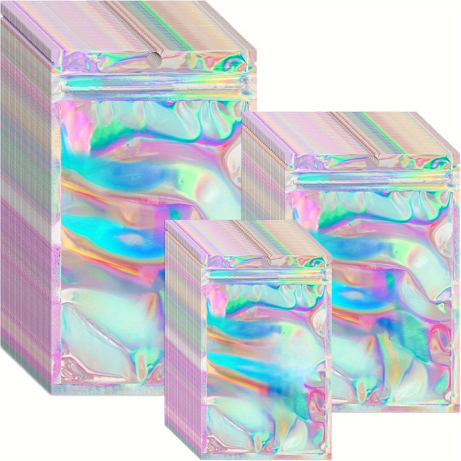Holographic Zipper Storage Bags with Clear Windows Pack of 50 Odor-Proof Organizer for Cosmetics Jewelry Small Items