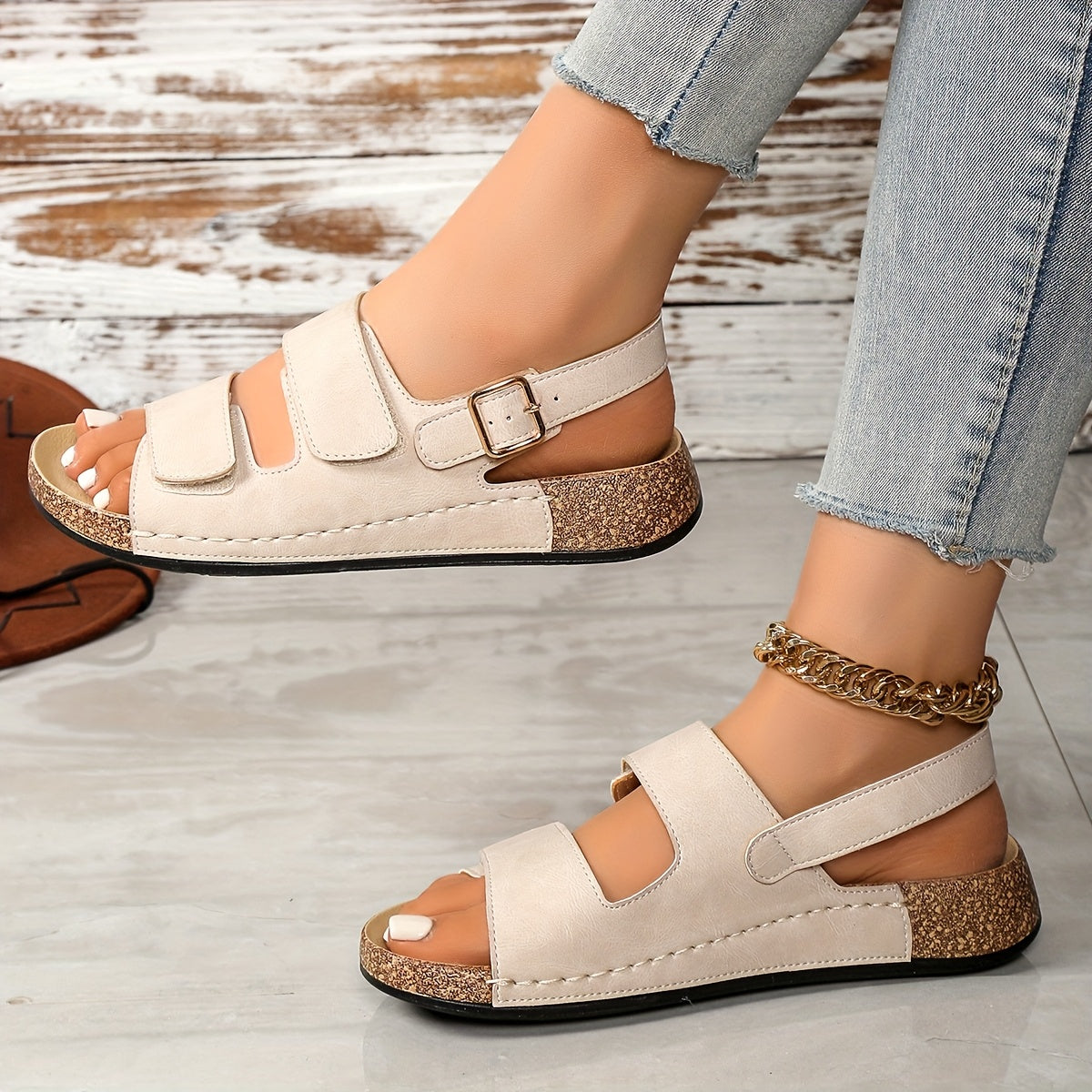 Women's Summer Sandals Open Toe Cushioned Dark Blue Cork Strappy