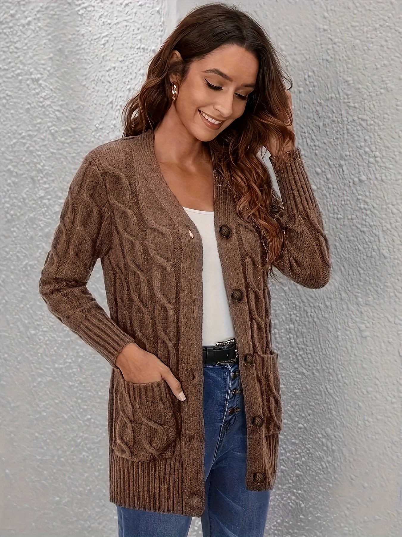 Plus Size Knit Cardigan Long Sleeve Button Pocket Sweater Women