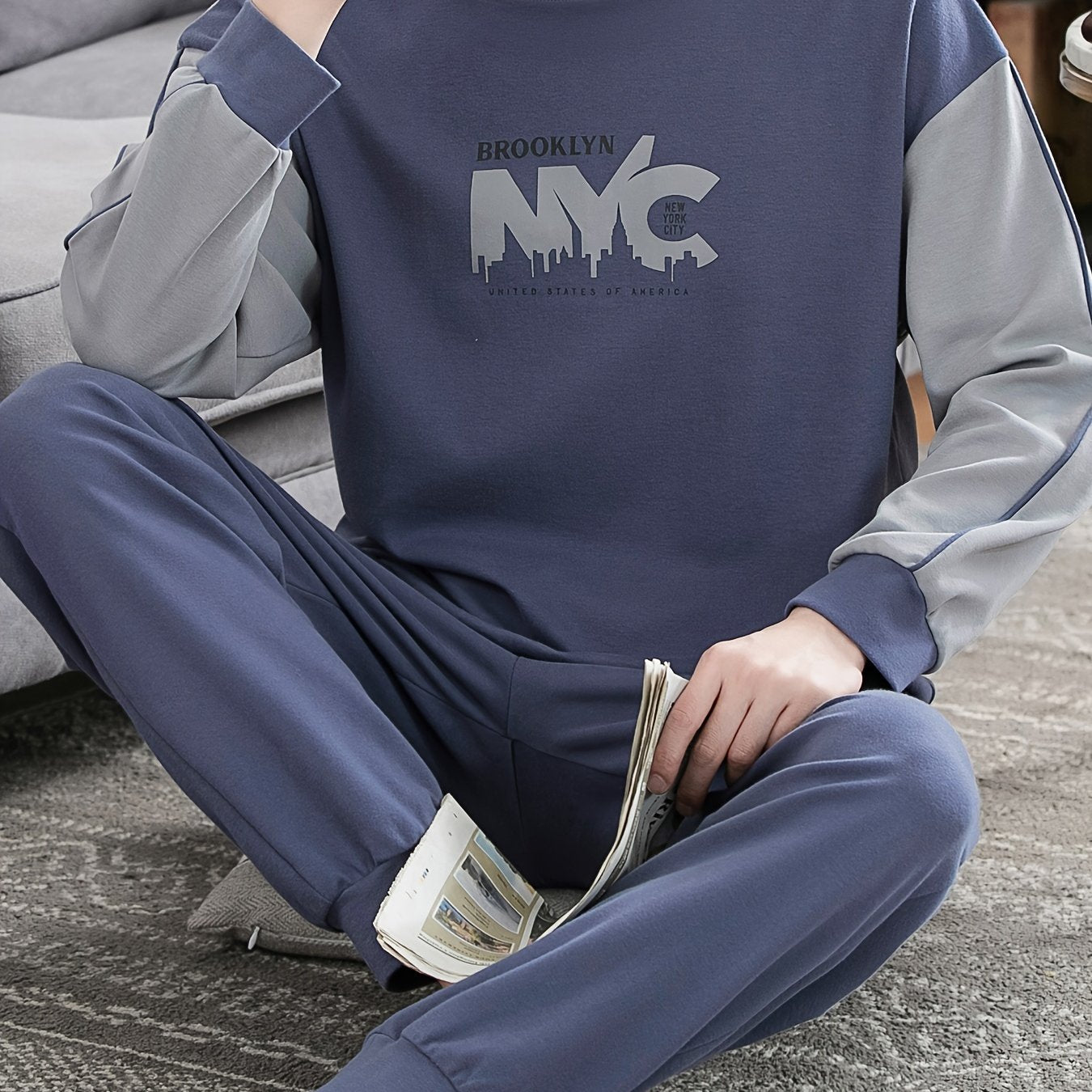 Men's Color Block Pajama Set with Letter Graphic Long Sleeve Crew Neck Top and Loose Pants for Spring and Fall
