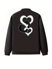 Women's Plus Size Casual Zip-Up Jacket With Heart Print Polyester Outerwear