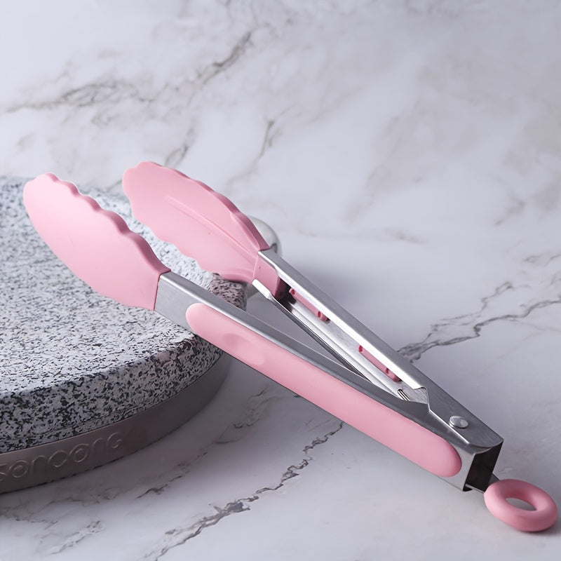 Xavfsiz pishirish va BBQ uchun ergonomik silikon boshli stainless steel oziq-ovqat tongs.