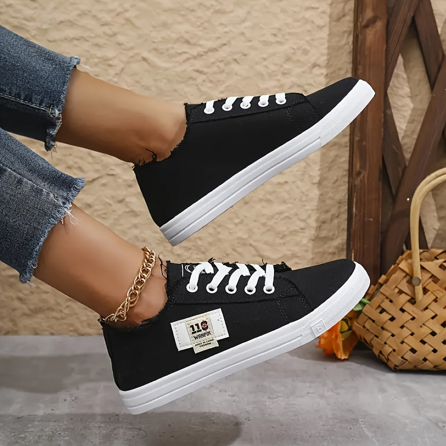 Women's Flat Casual Shoes, Plain Color Low-Top Lace-up Trainers
