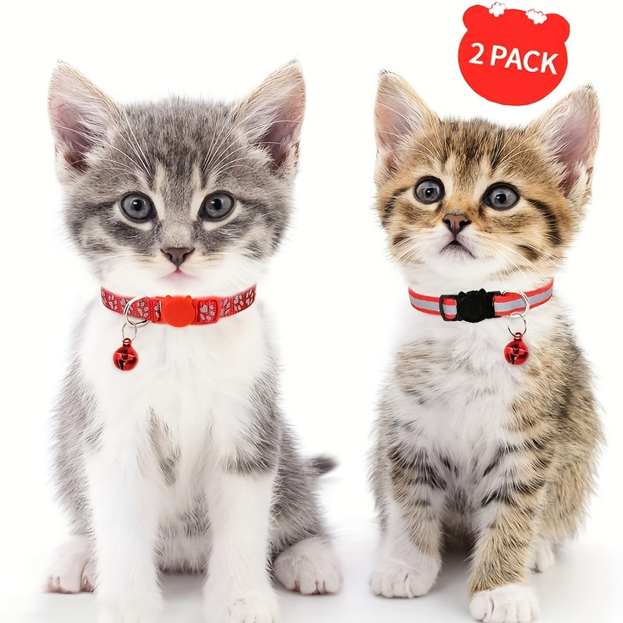 Reflective Cat Collars for Kittens with Footprints Bells Breakaway Design Polyester 2 Pack