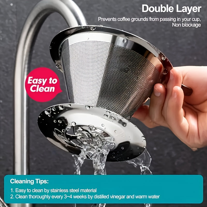 Single Cup Stainless Steel Pour Over Coffee Filter Double Mesh Cone Strainer