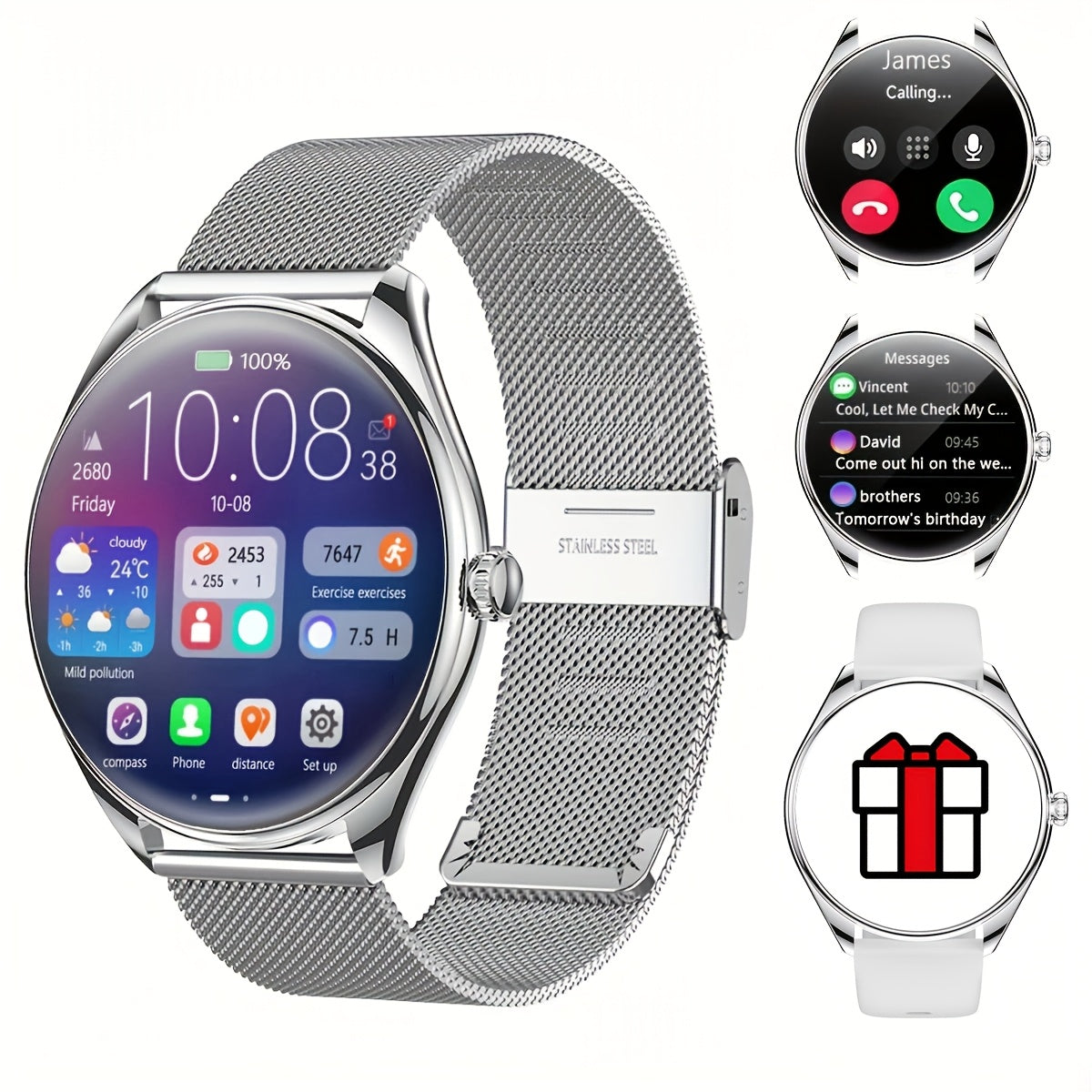 Ultra-Thin Smart Watch with Call Function Stainless Steel Fitness Tracker 100+ Sport Modes