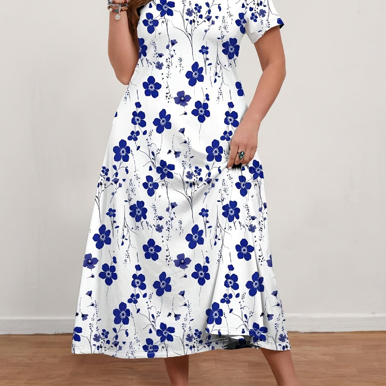 Plus Size White Floral Ankle-Length Dress with Short Sleeves V-Neck Ruffled Hem Polyester Blend