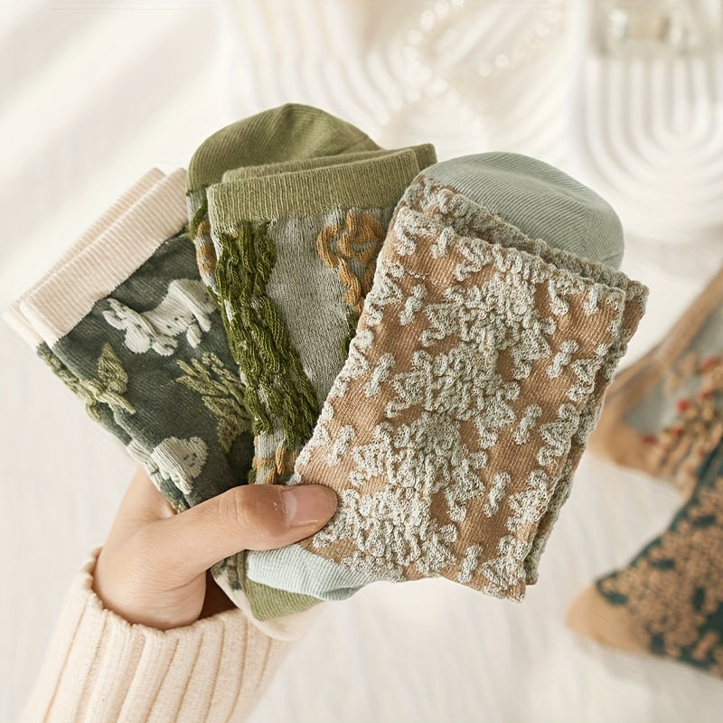 Women’s Floral Print Knee-High Socks 5 Pairs Mid-Tube Knit Polyester Elegant