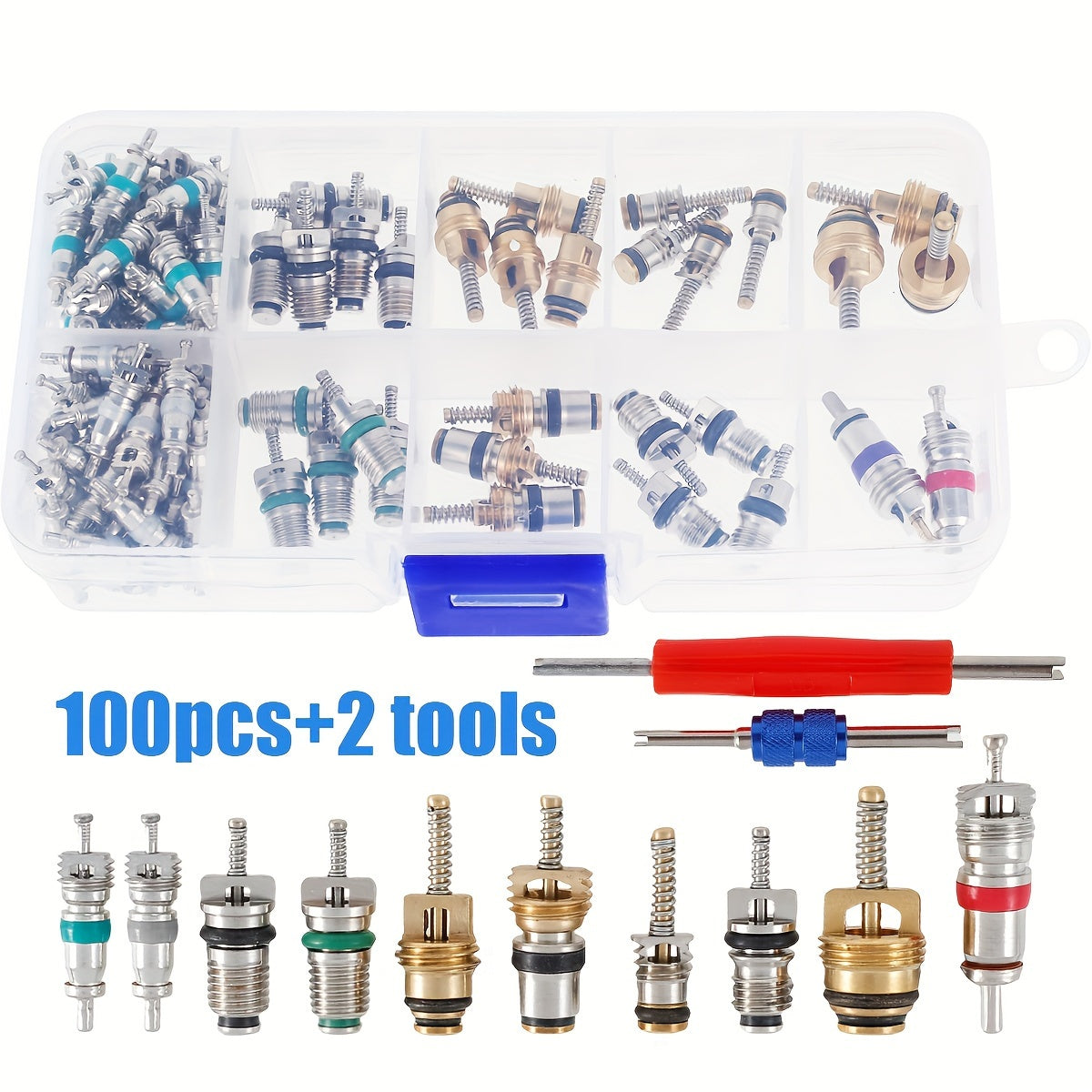 Set of 100 Air Conditioner Valve Cores with 2 Wrenches Replacement Tool