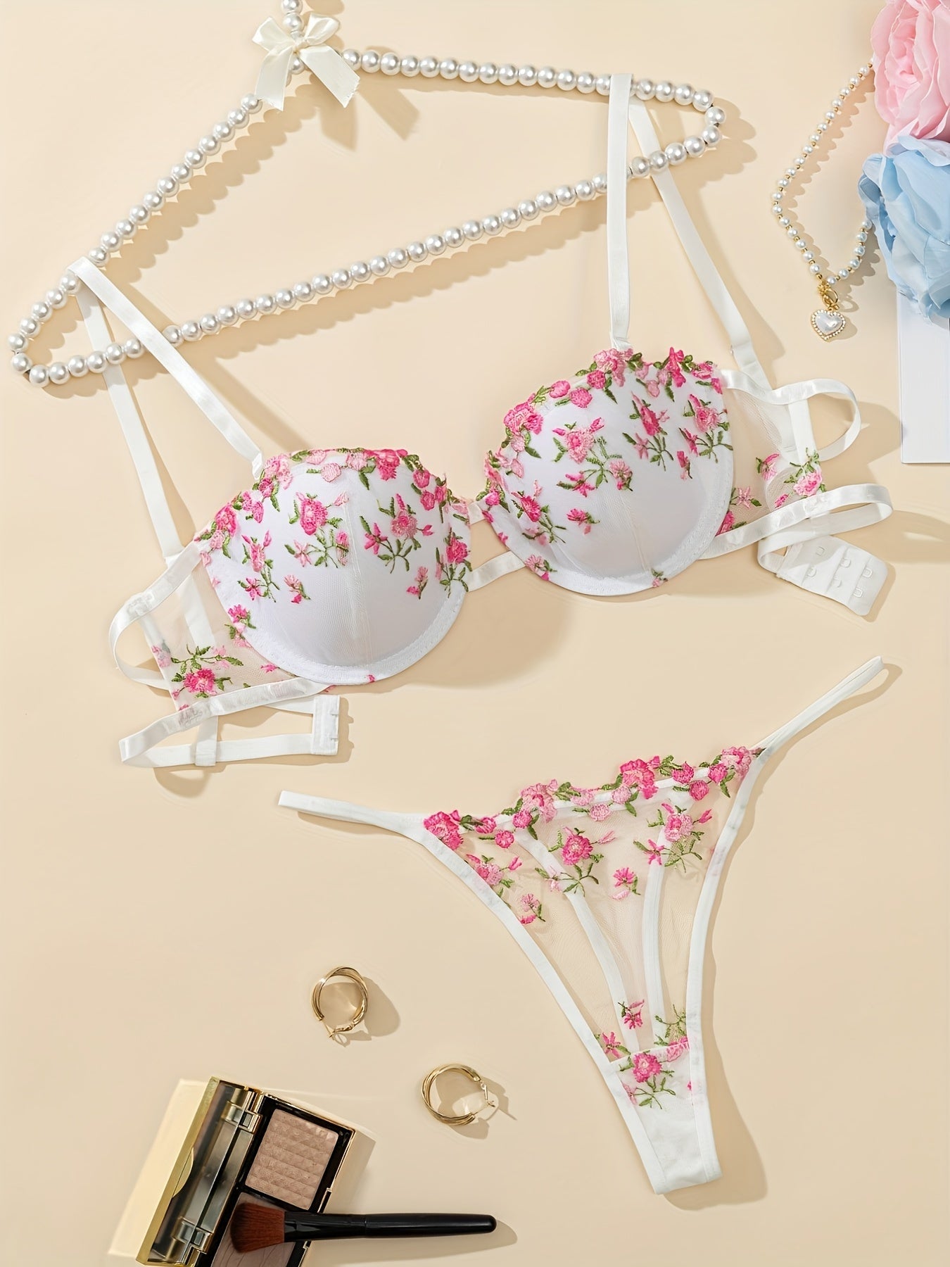 Women's Floral Lingerie Set with Bralette and Thong Low-Rise Support