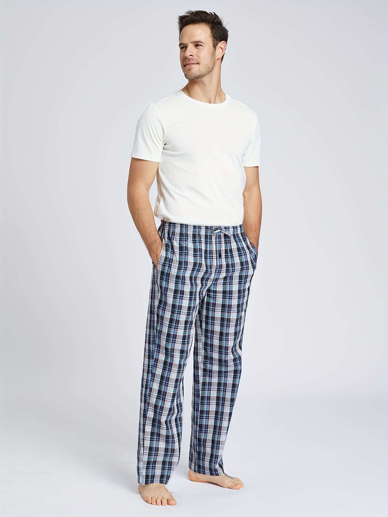 Men's Cotton Plaid Lounge Pants with Pockets Casual Sleepwear Skinny Fit