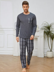 Conjunto de pijama de cuadros gris oscuro para hombre con bolsillos, manga larga, cuello redondo, poliéster
