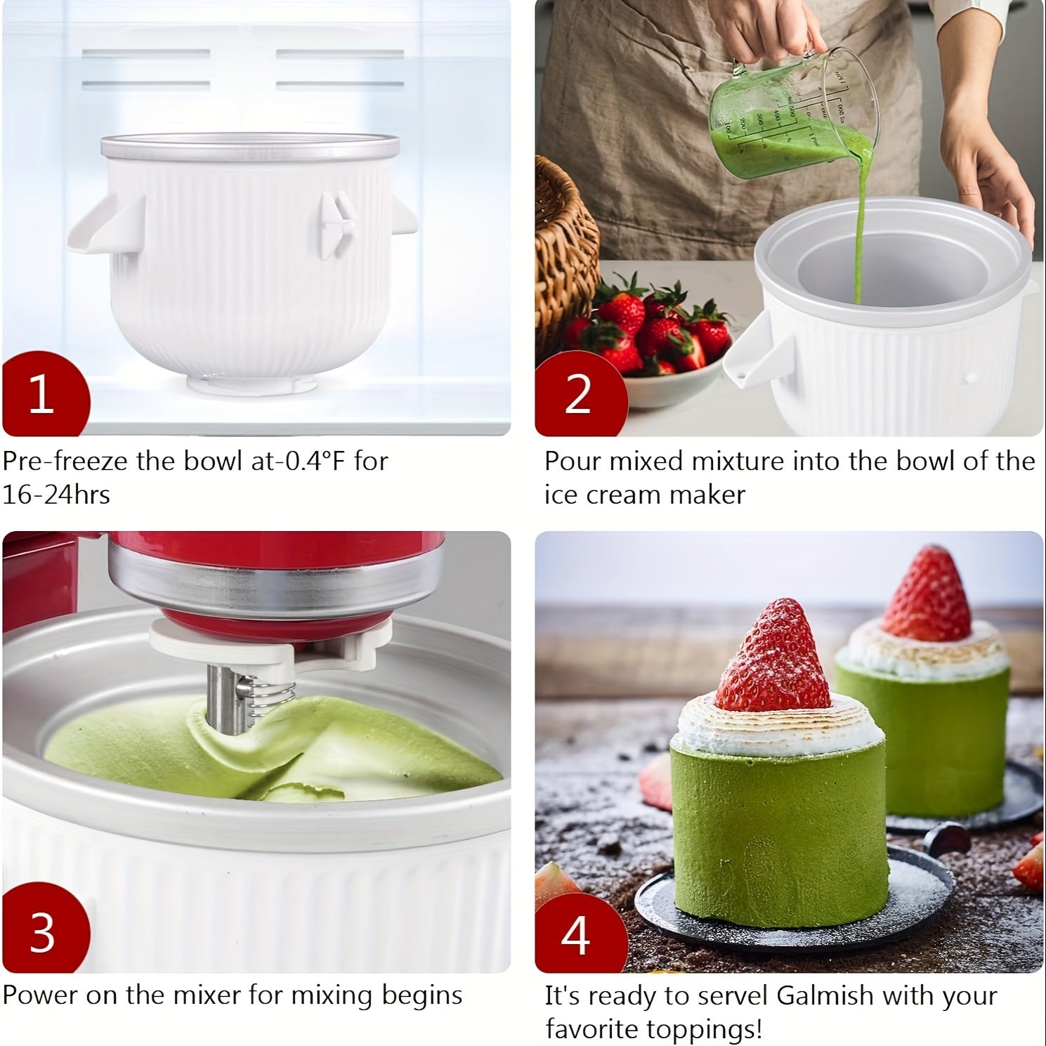 Stand mixer uchun muzqaymoq tayyorlash uchun qo'shimcha, muzli yogurt va sorbet idishlariga mos keladi