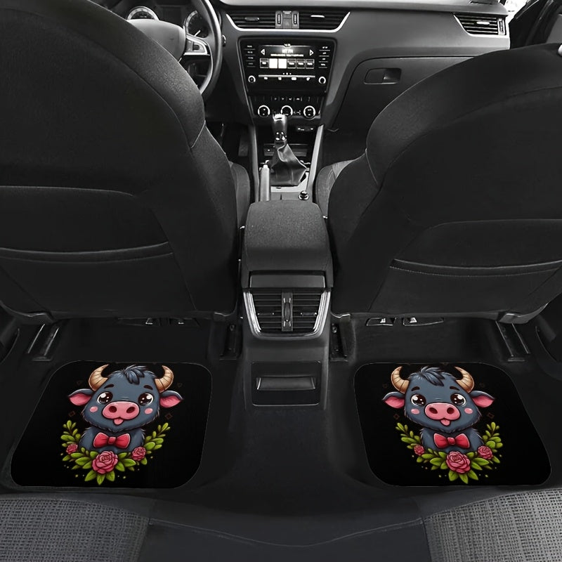 4PCS Non-Slip Water Absorbent Highland Cow Pattern Car Floor Mats for Sedan SUV