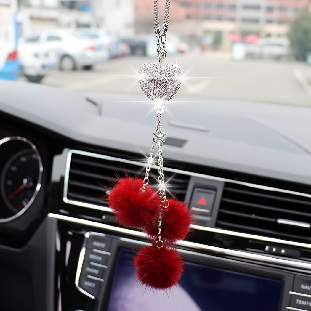 Women Girls Rhinestone Plush Ball Car Ornament Bling Love Heart