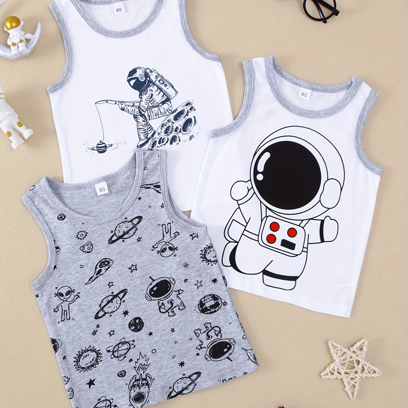 Kids' Cotton Vests 3-Pack with Astronaut Space Themes Crew Neck Moisture-Wicking Regular Fit Gray Black