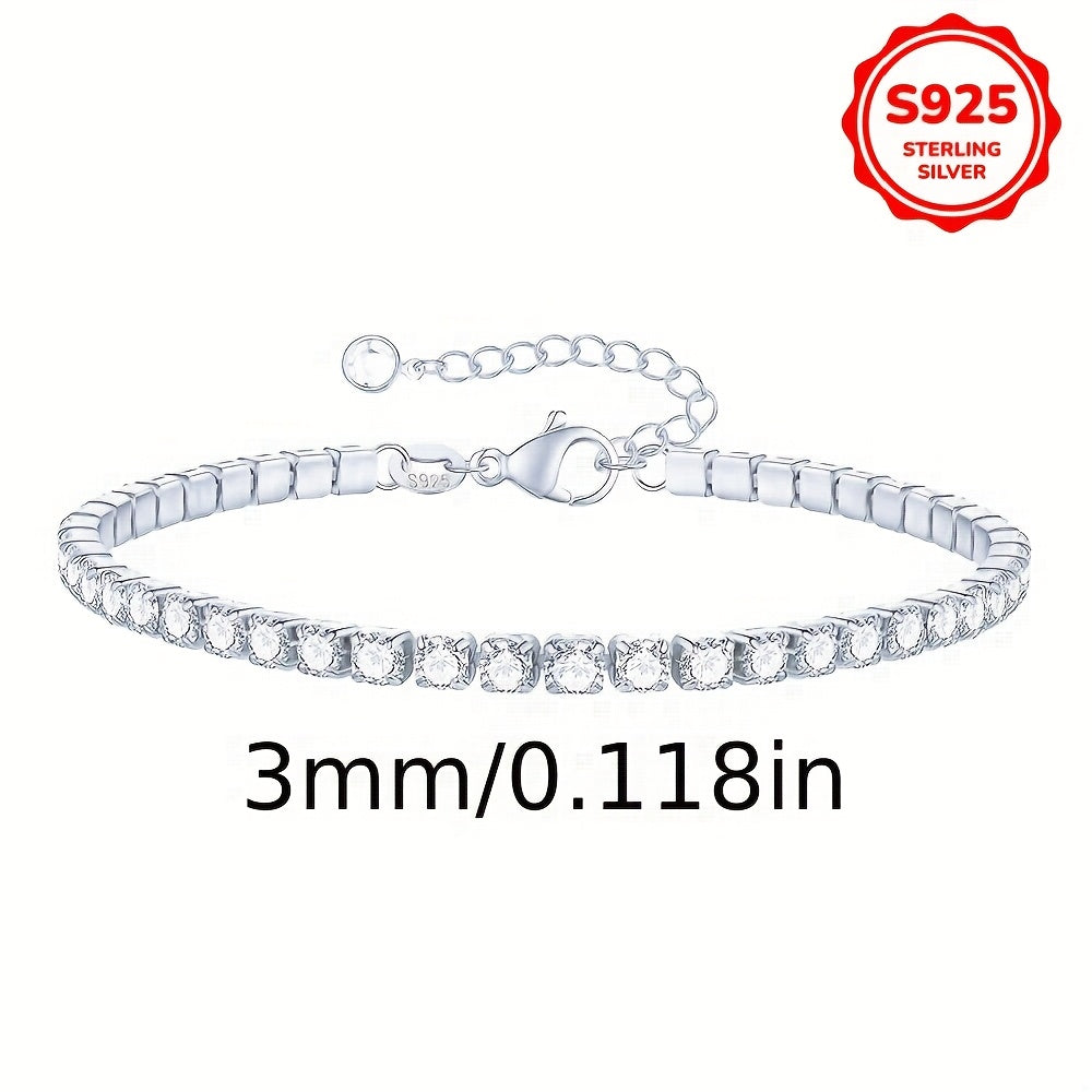 Sterling Silver Tennis Chain Bracelet with Cubic Zirconia Adjustable 2MM 3MM Hypoallergenic Jewelry for Women