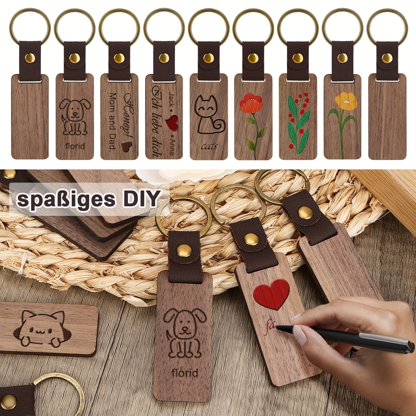 Set of 12 Personalized Wooden Keychains with Ring Buckle for Gifts and Crafts