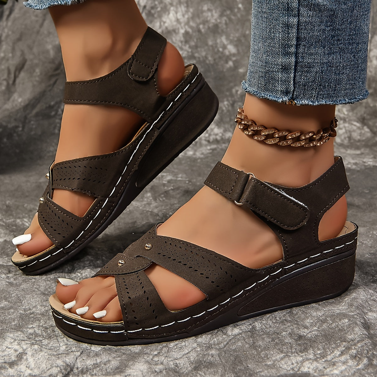 Women's Solid Color Wedge Sandals Open Toe Platform Ankle Strap
