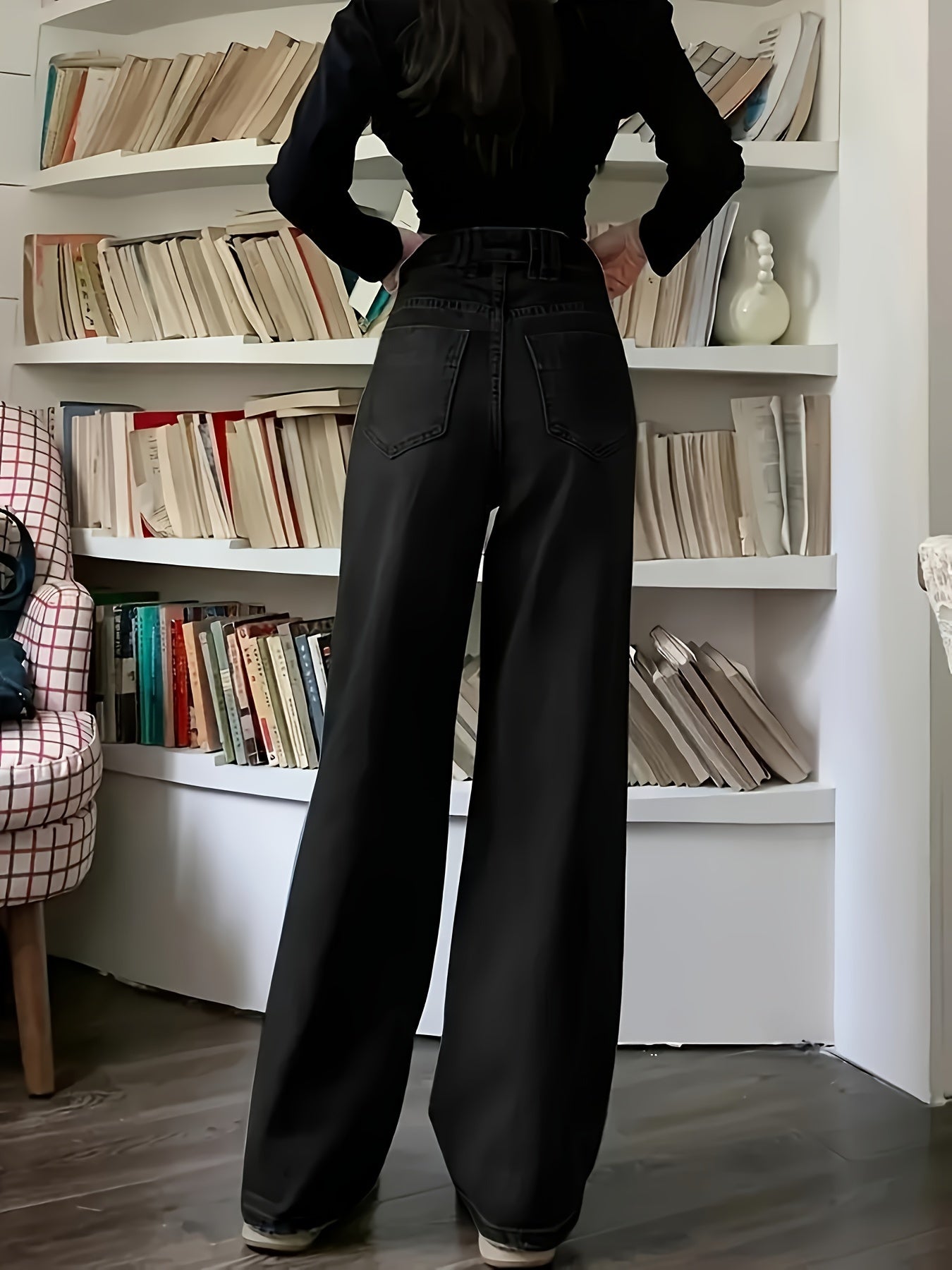 Women's Wide Leg Distressed Denim Jeans in Blue with Zipper Button Closure