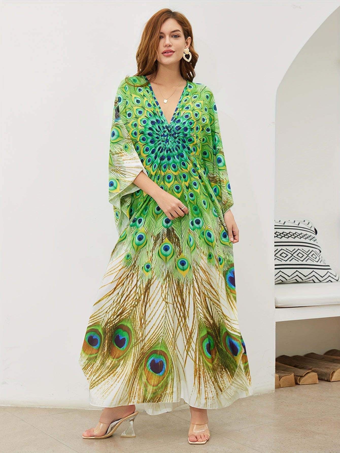 V-Neck Maxi Beach Cover-Up with Peacock Print and Split Details