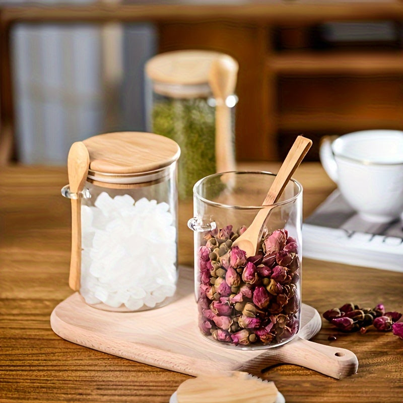 Multi-Functional Glass Storage Jar and Wooden Spoon Set for Tea Coffee Sugar